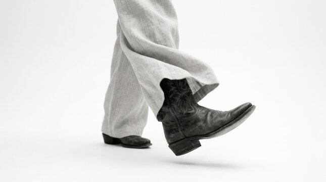 Single pointed cowboy boot captured in mid-stride with loose pale trousers against a high-key white studio background, minimalist monochrome fashion photography, soft shadow and subtle motion blur,