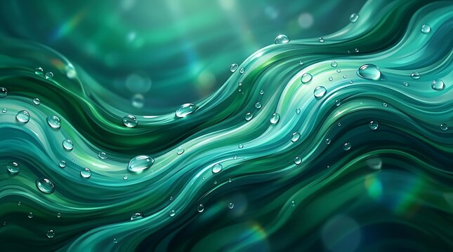Abstract green waves background with clear water drops and shiny liquid ripples flowing in a calm peaceful motion