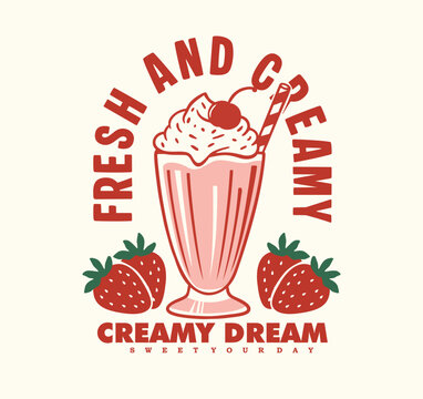 Retro hand drawn strawberry milkshake artwork with vintage typography and fresh strawberries, perfect for food posters, stickers, and apparel
