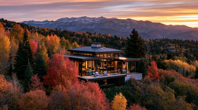 a modern, multistory house nestled amidst a dense forest during autumn. The house has a sleek, contemporary design with large glass windows and a flat roof, reflecting the surrounding landscape.