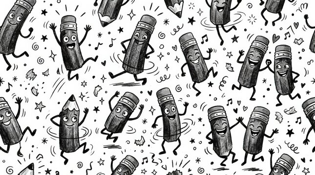 Seamless pattern of anthropomorphic black pencils dancing with tiny arms and legs, playful monochrome doodle illustration, white background, charcoal pencil bodies, gray erasers, little stars and