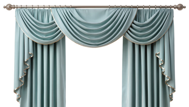 Elegant teal swags and drapes with gold trim, isolated on transparent background