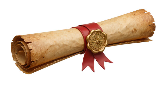Antique parchment scroll tied with red ribbon and golden wax seal, isolated on transparent background