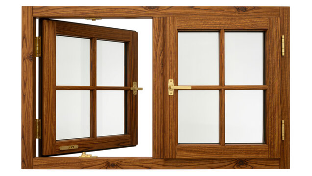 Open wooden casement window with brass hardware, isolated on transparent background