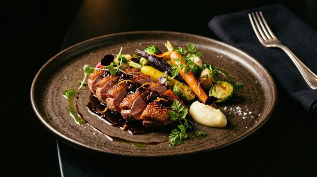 Elegant gourmet entr&eacute;e presented on a dark brown plate, premium restaurant food photography, tender glazed protein with vegetables and herb garnish, warm spotlight, deep black background, rich caramel