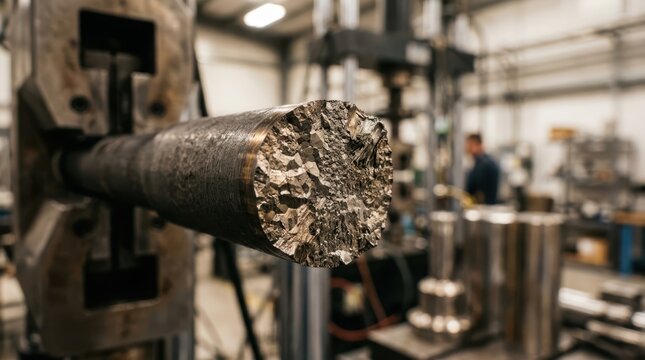 ultra strong steel alloy microstructure with crystalline grains, tensile bars, fracture resistance, and heat treated metallic sheen in a laboratory setting