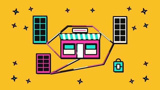 Storefront vector animation with opening door on yellow