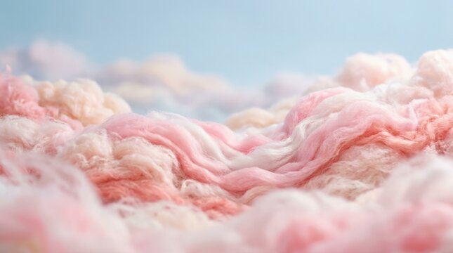 Dreamlike landscape of fluffy pink and white cloud-like formations across a pale powder-blue background, surreal pastel abstract photography, cotton-soft textures, coral rose accents, high-key