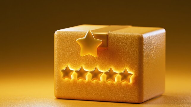 A glowing five-star rating hovers above a product box in a bright scene. This highlights trust and positive feedback in consumer products.