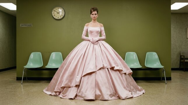 Model standing in a monumental pale pink satin ball gown against an olive green waiting-room wall, mint plastic chairs and vintage clock, surreal fashion editorial photography, centered composition,