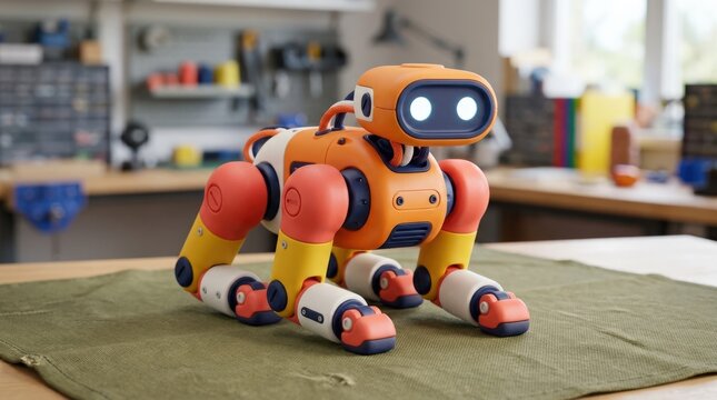 Colorful modular robotic quadruped crouching low on an olive-green surface, playful premium 3D character render, body assembled from rounded capsule-shaped parts in orange, coral red, yellow, white