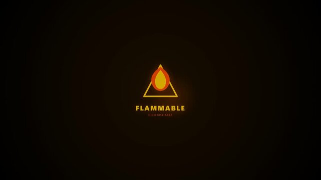 Flammable hazard warning signs glowing on a dark background