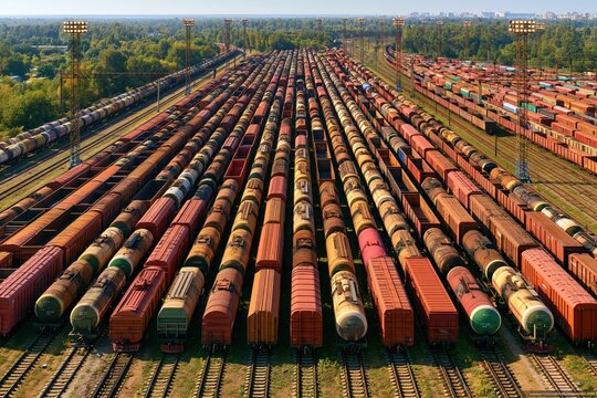 Freight train marshaling yard aerial view railway logistics industry