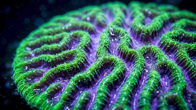 Macro close-up of a glowing bioluminescent plate coral, vibrant neon green and purple brain coral maze pattern, abstract deep sea marine life and underwater alien nature concept