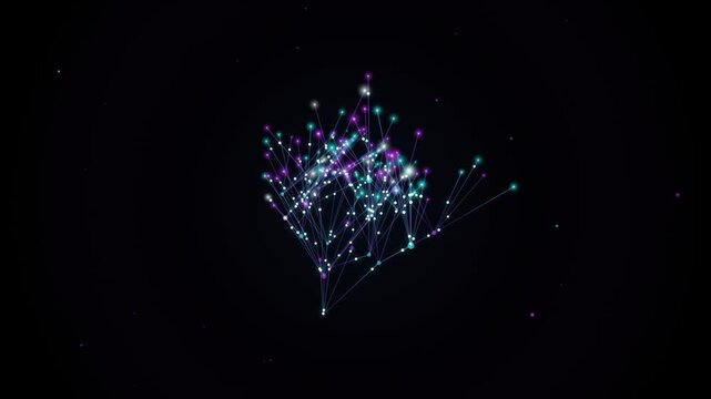Abstract digital tree structure with glowing nodes and connecting lines on black background.