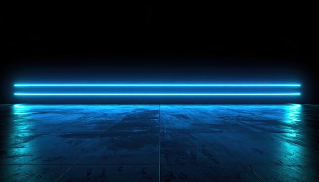 Abstract blue neon light streaks on black background with glowing futuristic floor reflection, modern sci-fi technology stage mockup design and digital cyberspace environment layout