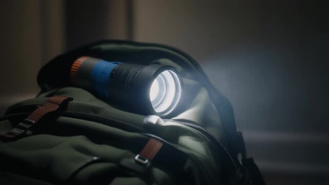 Bright flashlight glowing from a durable backpack, casting light into the gloom, essential gear for unexpected moments, exploration, or safety