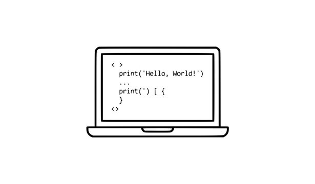 Hand drawn laptop computer showing programming code on the screen isolated on transparent background