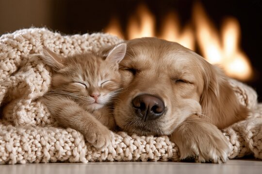 Cute golden retriever puppy and ginger kitten sleeping by fireplace