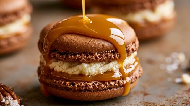 a chocolate macaron with a creamy filling, drizzled with caramel sauce. The macarons rich brown color contrasts with the creamy white filling.