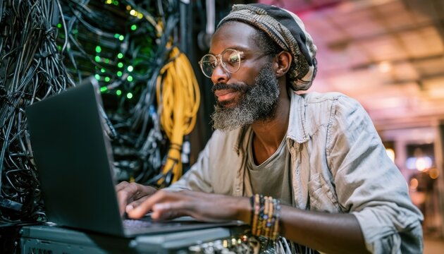 Man with dreadlocks and glasses typing on a laptop in a server room
