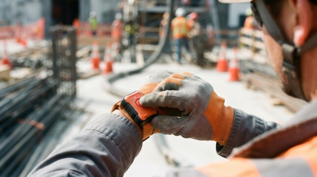 Gloved hand pressing a wrist alert device at a construction site
