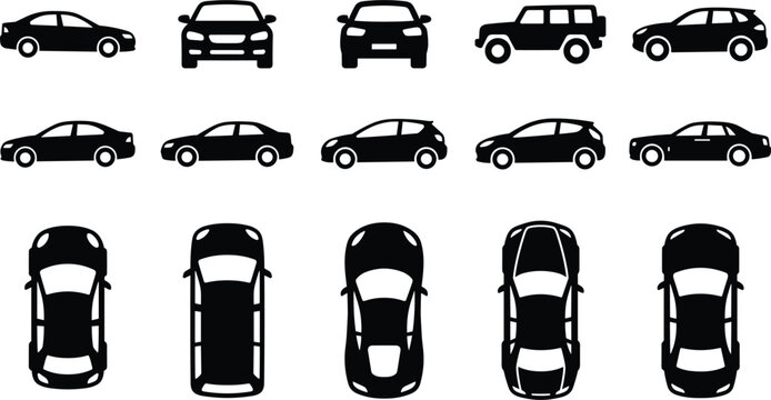 Car and automobile vector icons set showing different vehicle models sedan suv hatchback side front top views transportation