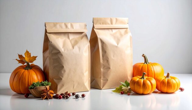 Dua kantong kertas kraft cokelat tanpa merek berdiri di samping buah labu oranye, daun musim gugur, buah beri, dan rempah adas manis dengan latar belakang putih bersih, challoween pumpkin and pumpkins