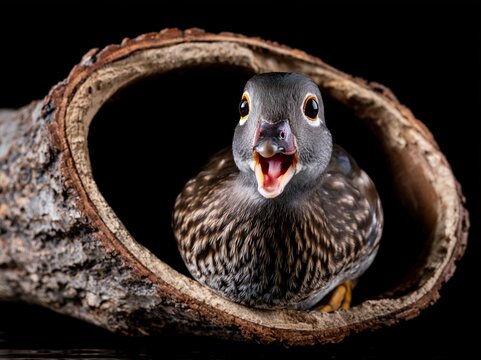 Mandarin duck with open beak in a hollow log tube against a black background
