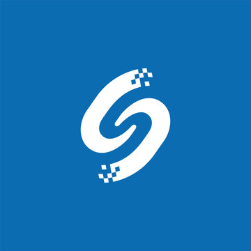Abstract letter S logo design with digital pixel elements on blue background