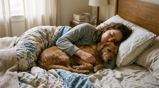 Woman cuddling her dog on a cozy bed in a warmly lit bedroom, capturing the intimate lifestyle moment from a side viewpoint