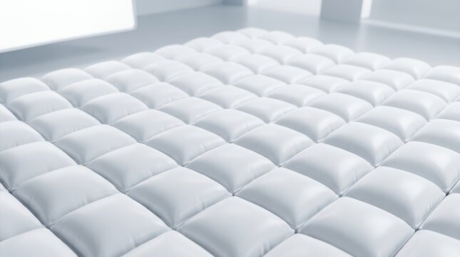 Inflated white geometric grid of soft pillow-like square tiles, minimalist abstract 3D render, pure white and pale gray palette, smooth rounded surfaces, subtle seams, high-key studio light, gentle