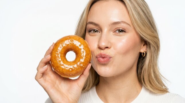Young fair-skinned woman holding a glazed ring donut beside her face, close beauty and food portrait with playful puckered lips, clean white background, luminous natural skin, warm caramel pastry