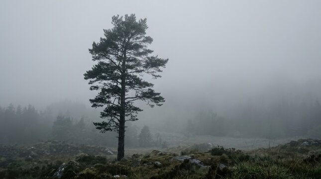 Tall lone pine tree fading into dense gray morning fog, atmospheric nature photography, desaturated green and charcoal palette, soft diffused light, minimalist composition, solitude, calm and