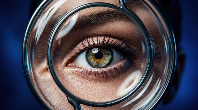 Extreme close-up of a woman's eye viewed through a circular magnifying lens against a saturated sapphire-blue background, conceptual beauty photography, glossy glass distortion, sharp iris detail,