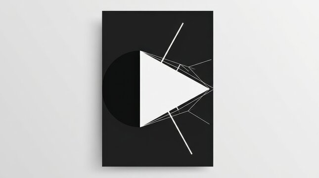 Black semicircular shape meeting a large white triangular wedge with thin linear extensions, abstract geometric vector poster, stark monochrome palette, clean modernist composition and conceptual