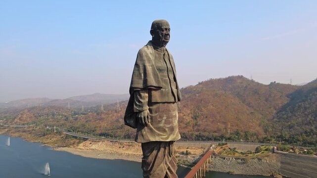 Aerial footage of the Statue of Unity, which stands at 182 meters, depicts the statue of Sardar Vallabhbhai Patel, India's first home minister, near the Narmada River.