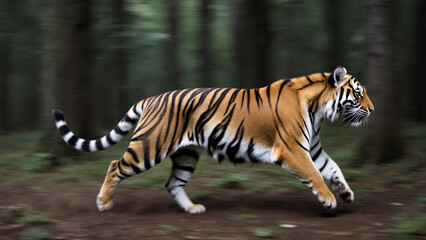 Obraz premium Tiger runs swiftly through forest with tall trees. Sunlight filters through leaves. Ground is covered with green foliage. Animal moves with purpose and grace Generative AI