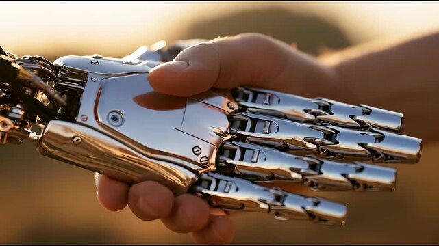 Human Hand Shaking Metallic Robot Hand Close Up Video.