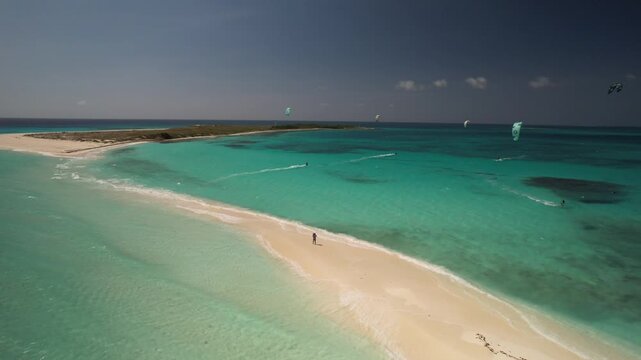 Aerial view of kitesurfers in Los Roques archipelago, Venezuela.