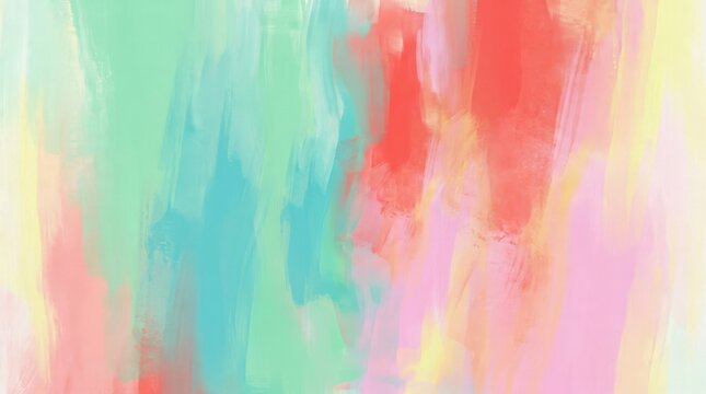 Abstract vertical color fields blending mint green, coral red, turquoise, pink and pale yellow, painterly digital texture with translucent washes, soft blurred edges and layered brush marks,