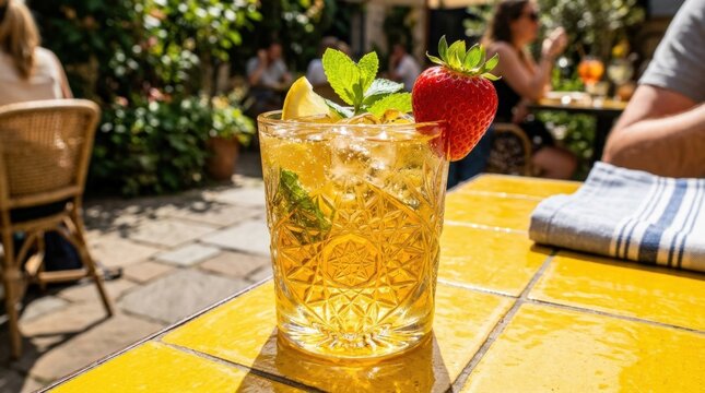 Golden citrus drink in a faceted glass topped with a red strawberry on a bright yellow tiled table, premium beverage photography, saturated amber and lemon palette, hard sunlight, sparkling
