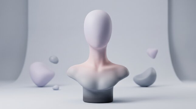 Faceless feminine bust with smooth elongated neck and softly blended oval head, minimalist 3D portrait, pale lavender, blush pink, cool gray and deep charcoal palette, soft matte surfaces, diffuse