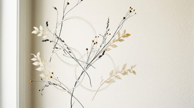 Abstract white composition of thin circular glass rings, delicate botanical stems and softly blurred leaves, minimalist fine-art photography, ivory background, charcoal outlines with tiny ochre