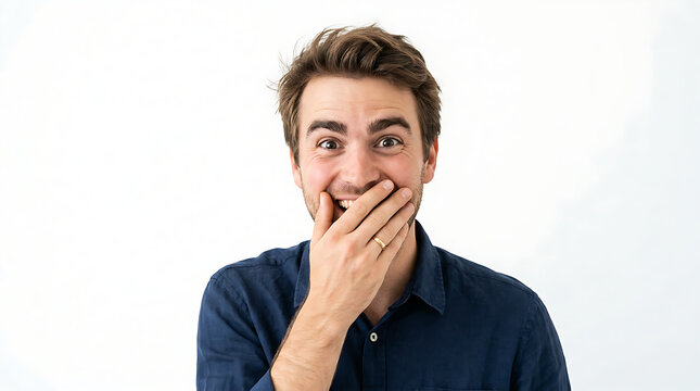 Happy shocked funny guy laughing with hand over mouth isolated on white background