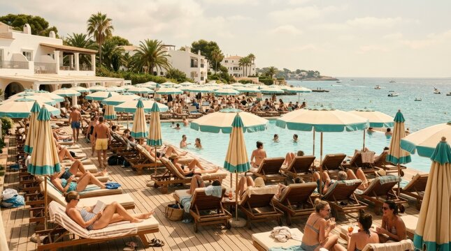 Busy sunlit resort deck with rows of loungers and umbrellas around pale blue water, softly compressed cinematic travel photography, warm cream and turquoise palette, gentle haze, summer leisure