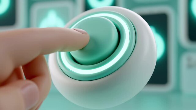 Close up of a finger pressing a glowing mint green button on a futuristic control panel, activating a system or starting a process with a simple touch, symbolizing technology and interaction