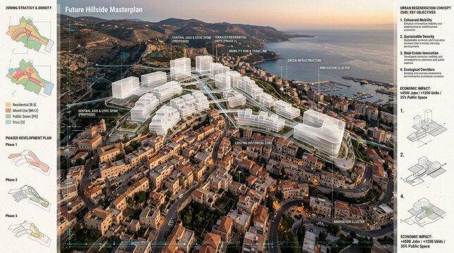 Urban masterplan seen from above with translucent white conceptual building volumes hovering over a dense hillside city, editorial architectural visualization, warm stone landscape with cool digital