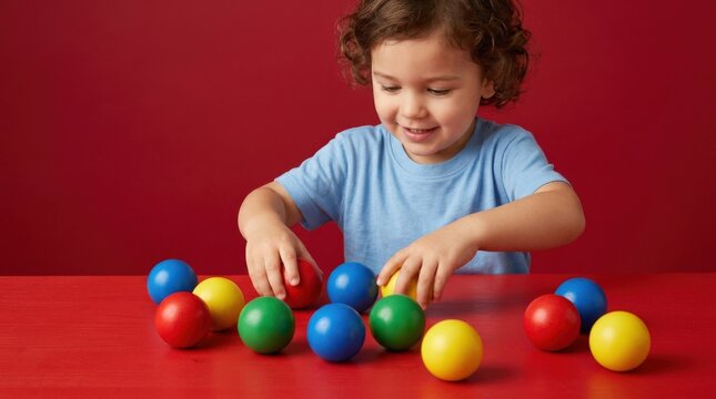 Young child arranging colorful spheres across a red tabletop against a saturated crimson background, playful commercial photography, primary blue, green, yellow and red palette, clean graphic