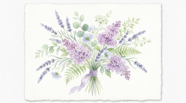Watercolor bouquet of loose lavender, lilac and pale green flowers, soft transparent pigments on white paper, romantic botanical illustration, delicate irregular edges, airy decorative composition.